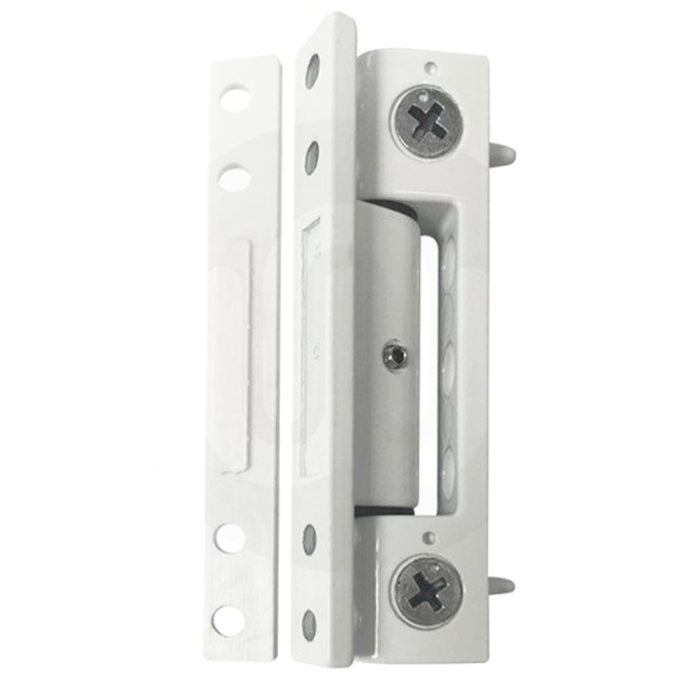 White surface-mounted window or door security lock with two visible screw heads and an accompanying strike plate, featuring multiple mounting holes