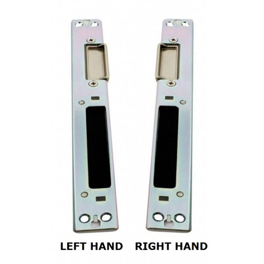 Two metal door keeps, one for the left hand and one for the right hand, with a silver finish and a rectangular backplate.