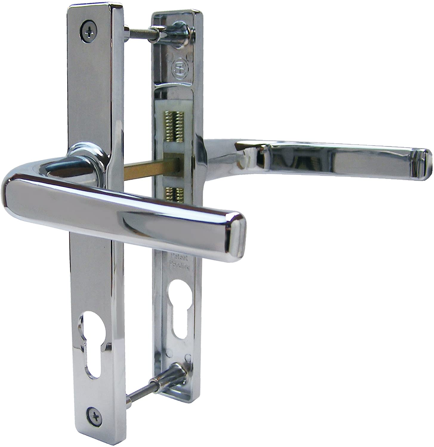 A set of chrome-plated UPVC door handles with a lever design, including an internal and external handle, with visible screws and spindle.