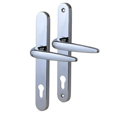 A pair of sleek, chrome-finished door handles with long backplates, shown from both sides. Each handle has a keyhole cutout compatible with euro-profile cylinder locks. The handles are slightly curved for ergonomic grip, and the design is symmetrical with screw holes at the top and bottom of each backplate for mounting. The finish is reflective and modern, suitable for exterior or interior doors.