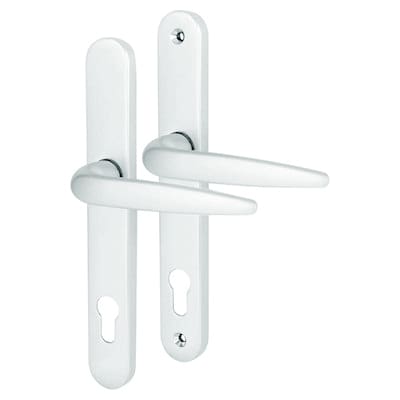 A set of white UPVC door handles with levers on a clear background.