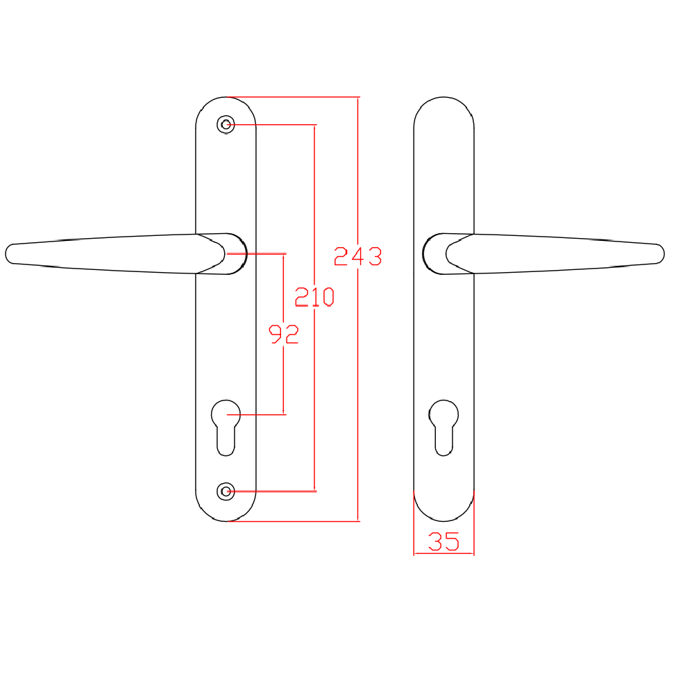 The drawing includes precise measurements in red. The height of the backplate is labeled as 243 mm, the distance from the top screw to the handle is 210 mm, and the distance between the handle and the keyhole is 92 mm. The width of the backplate is marked as 35 mm. The left handle is shown from the exterior side, while the right handle is the interior view.