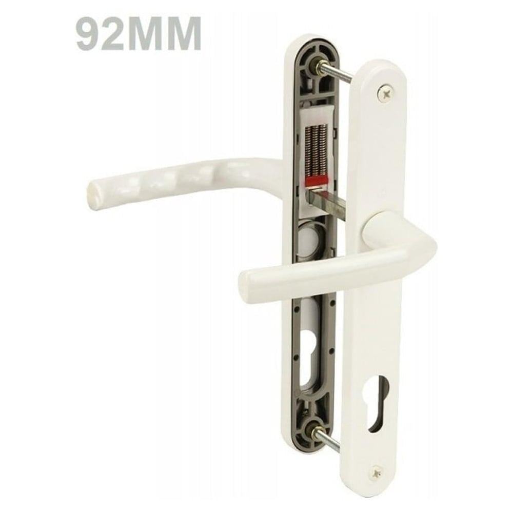 A white UPVC door handle set with a lever design, including an internal and external handle, with visible measurement markings.