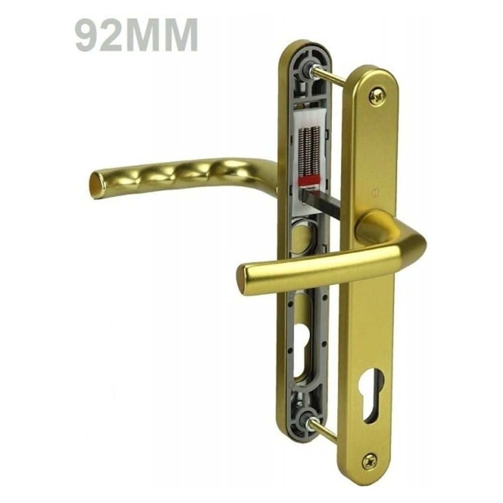Gold UPVC door handle set with lever handles and internal locking mechanism, shown partially disassembled, labeled "92MM".