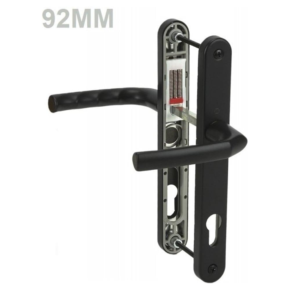 A black UPVC door handle set with a lever design, showing the front plate and the mechanism, marked with '92MM' measurement.