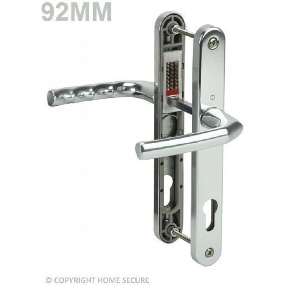 A silver UPVC door handle with a lever and a pressed back plate, marked with '92MM' for measurement.
