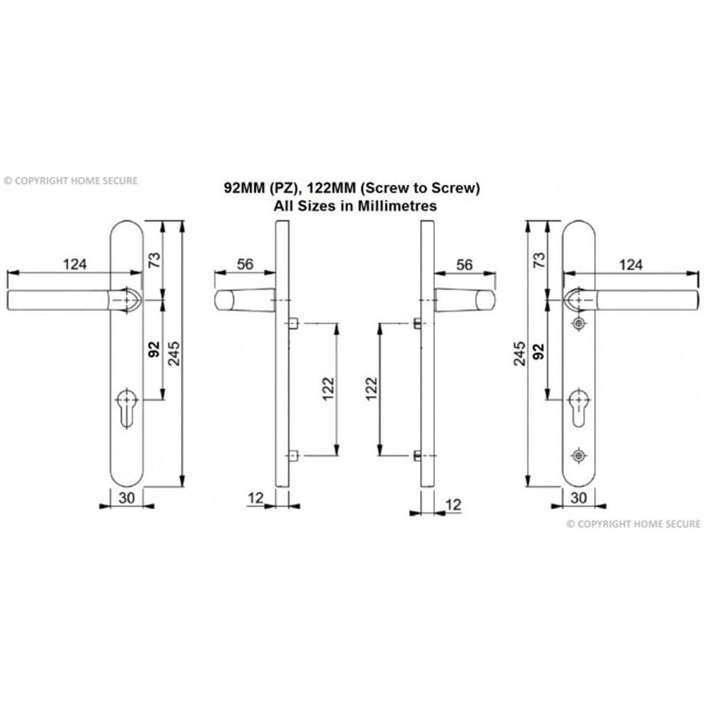 Diagram of white uPVC door handles, lever to lever, with detailed measurements in millimeters.