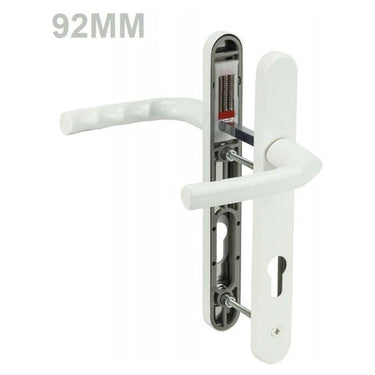 White UPVC door handle set with lever handles and internal locking mechanism, shown partially disassembled, labeled "92MM".