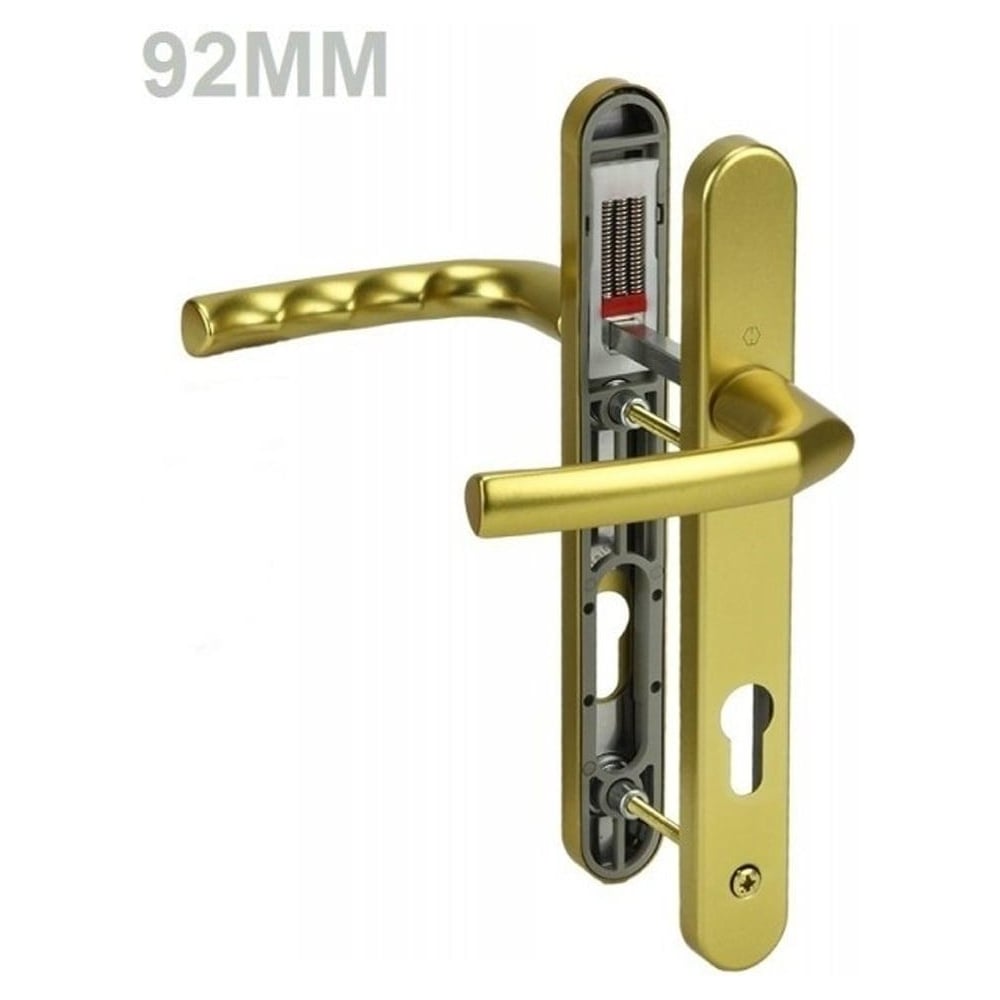 A gold-colored UPVC door handle set with a lever design, including an internal and external handle, with visible screw Fixings and a spindle.