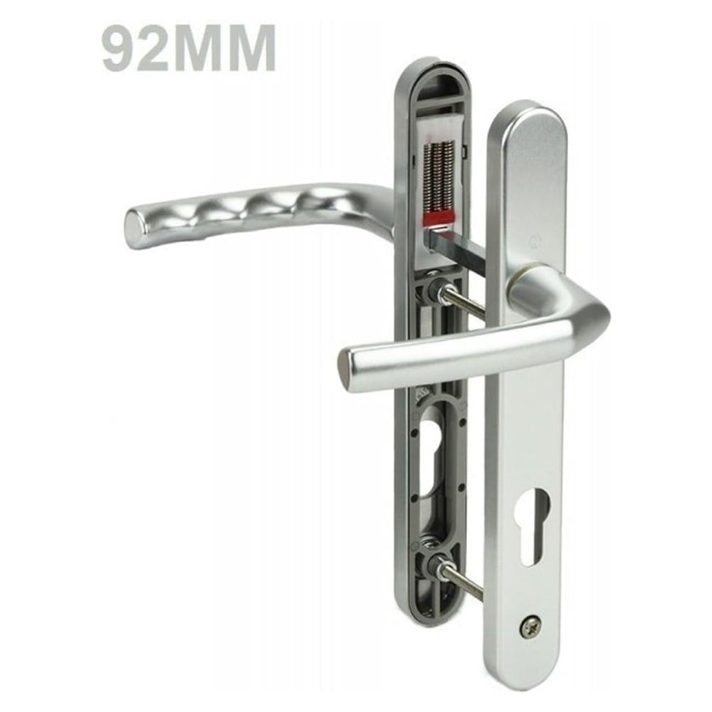 A silver UPVC door handle set with a lever mechanism, including an internal and external handle, with visible measurement marking '92MM'.