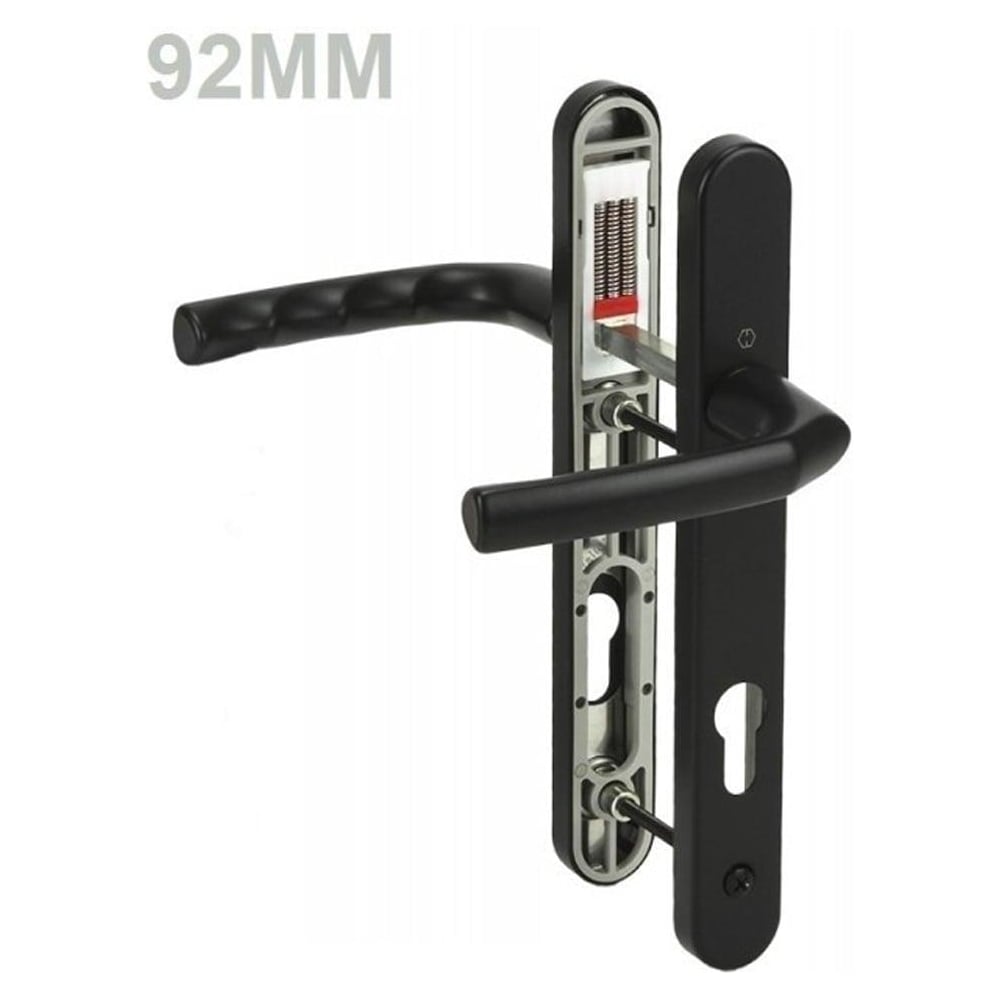 A black UPVC door handle set with a lever design, showing the front and side views with measurements.