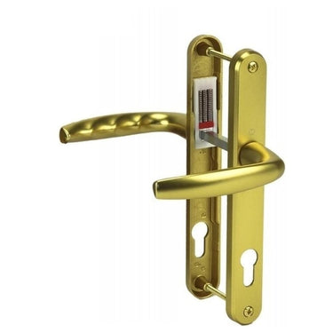 A gold-colored UPVC door handle with a lever design, showing both the internal and external handles with a keyhole.