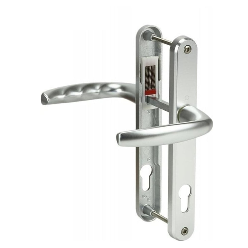 A silver UPVC door handle set with lever design, including one internal and one external handle, with visible screws and spindle.
