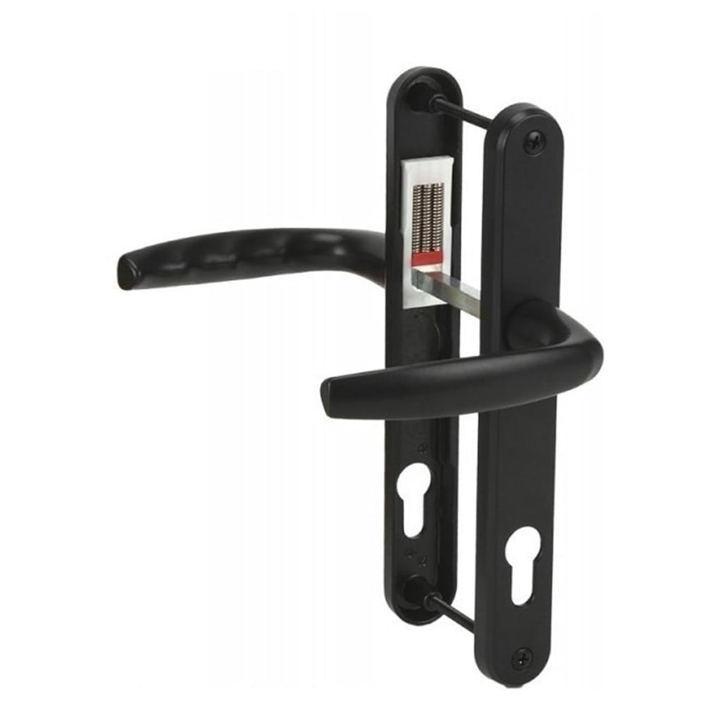 A black UPVC door handle set with a lever design, including an internal and external handle, with a visible spindle and keyhole.