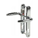 A silver UPVC door handle with a lever design, showing the front plate and the keyhole.