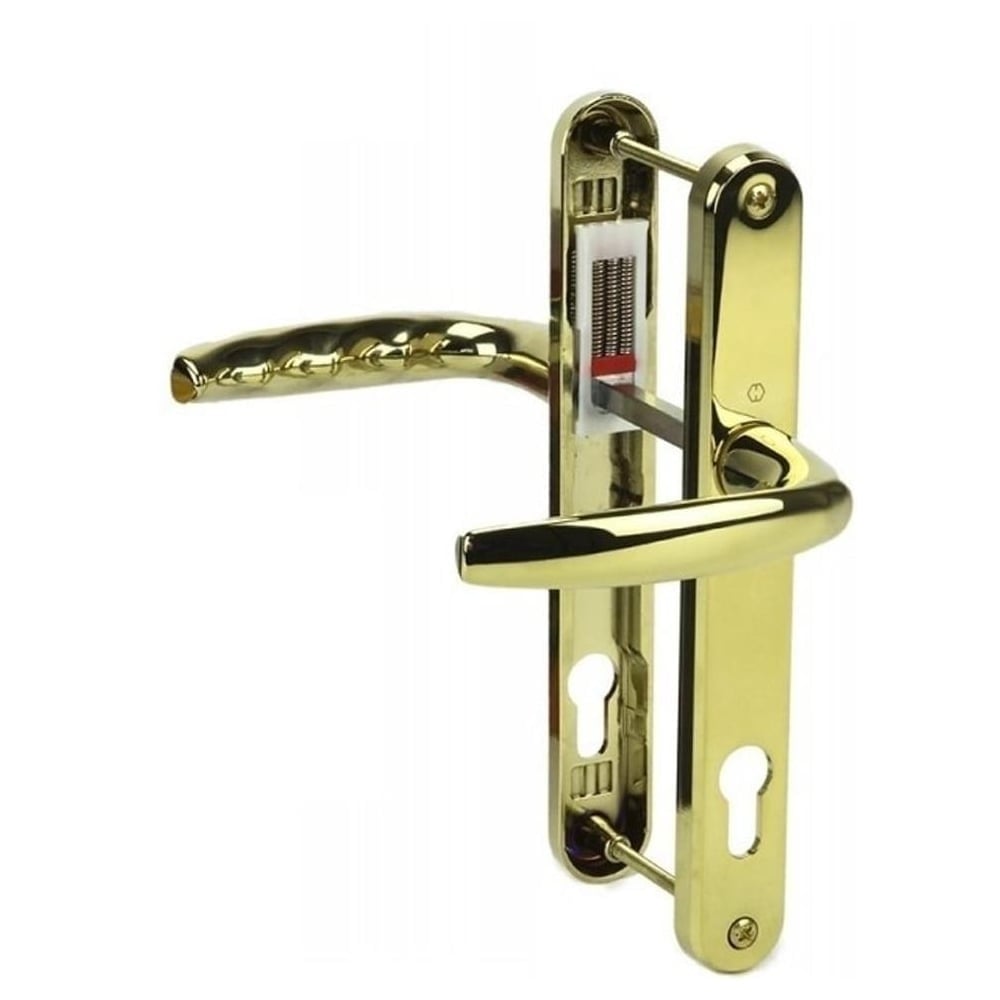 A brass UPVC door handle with a lever lever mechanism, shown from a side angle emphasizing the handle's shiny gold-colored finish and the branding tag visible on the backplate.