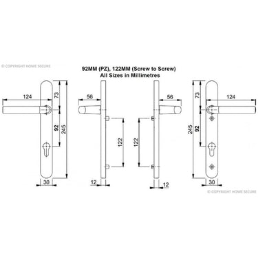 Technical drawing of UPVC door handles with 92mm PZ and 215mm screw-to-screw size, displaying front and side views with detailed dimensions in millimeters for handle, backplate, and keyhole placement.