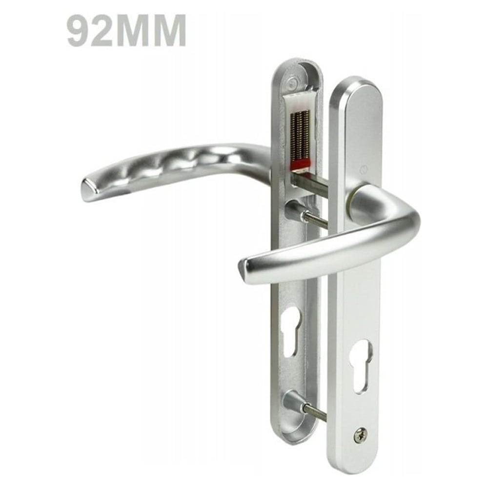 Silver UPVC door handles with 92mm screw-to-screw size, featuring textured lever handles and keyholes on both backplates.