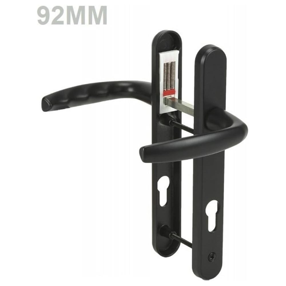 A black UPVC door handle with a lever lever mechanism. The handle is designed for a right-handed door and measures 92mm in diameter.