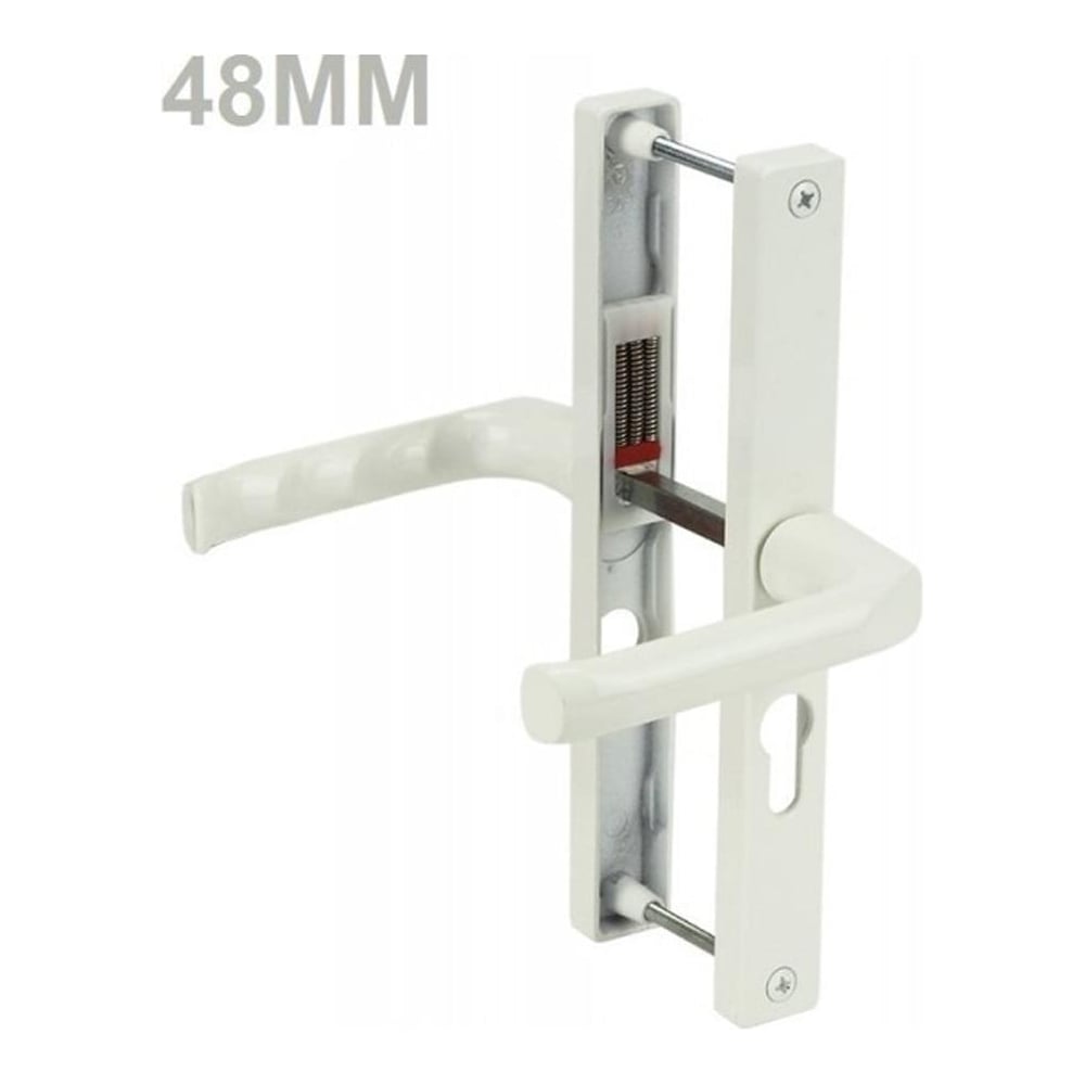 A white UPVC door handle with a lever design, showing the screw mount and spindle.