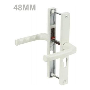 A white UPVC door handle with a lever design, showing the screw mount and spindle.