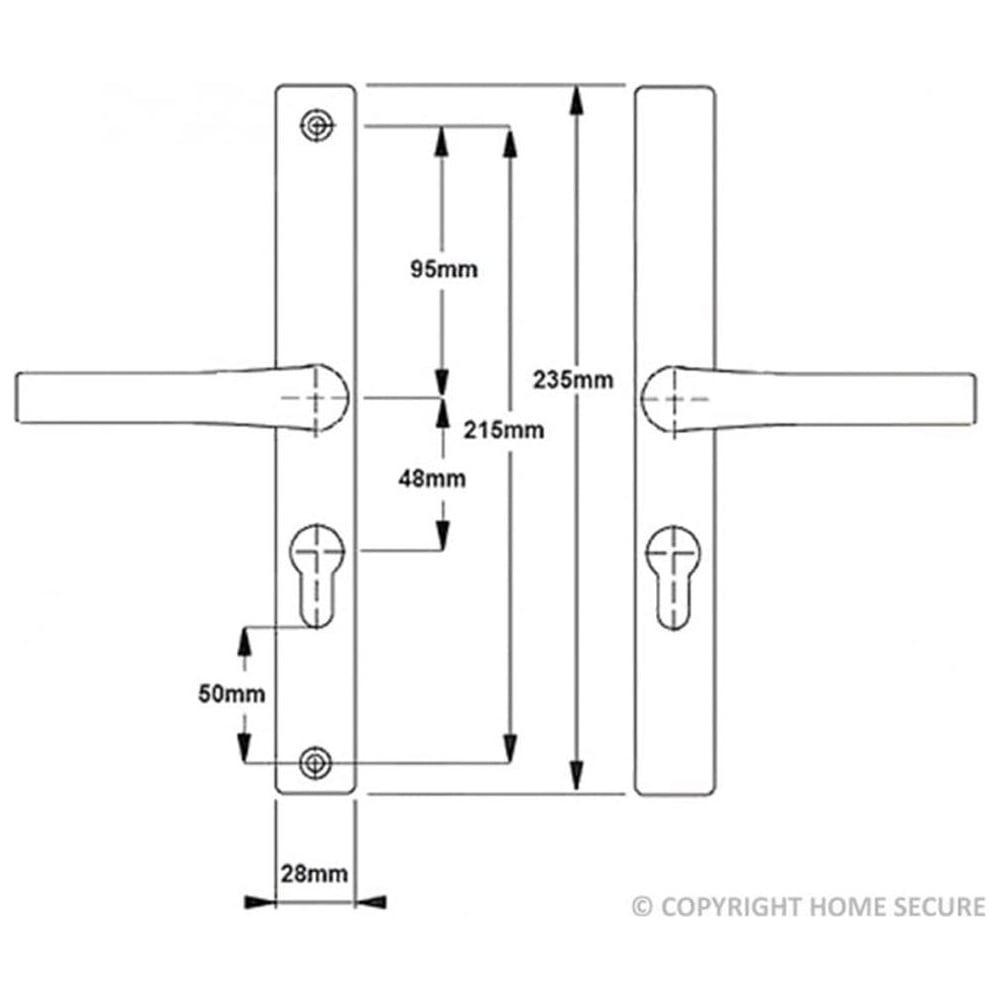 Technical drawing of UPVC door handles with lever design, showing measurements in millimeters including 48mm keyhole distance, 235mm backplate height, and 28mm width.