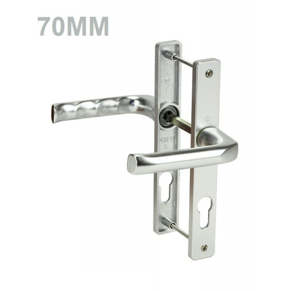 A set of silver UPVC door handles with levers, showing both internal and external handles, with a measurement label of '70mm' visible.