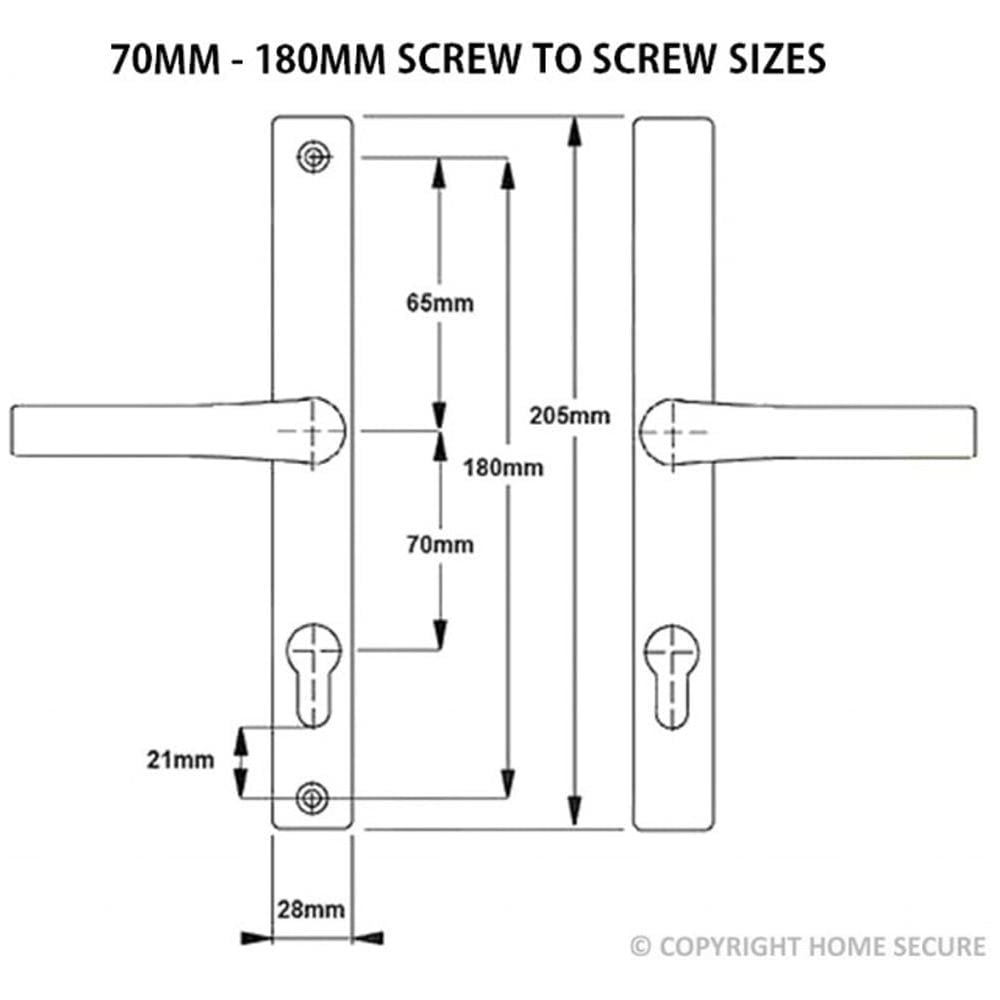 Technical diagram of UPVC door handles showing various screw-to-screw sizes ranging from 70mm to 180mm, with detailed millimeter measurements for handle and keyhole positions.