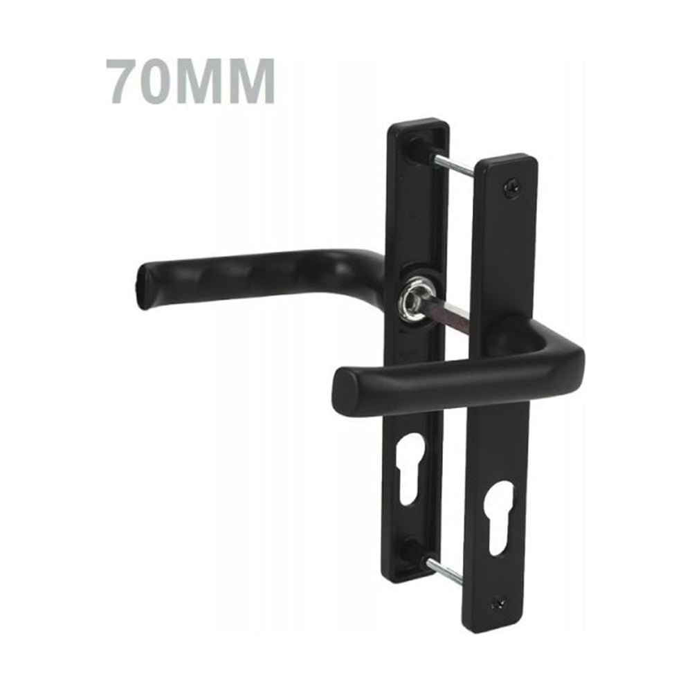 Black UPVC door handles with 70mm screw-to-screw size, featuring straight lever handles and keyholes on both backplates.