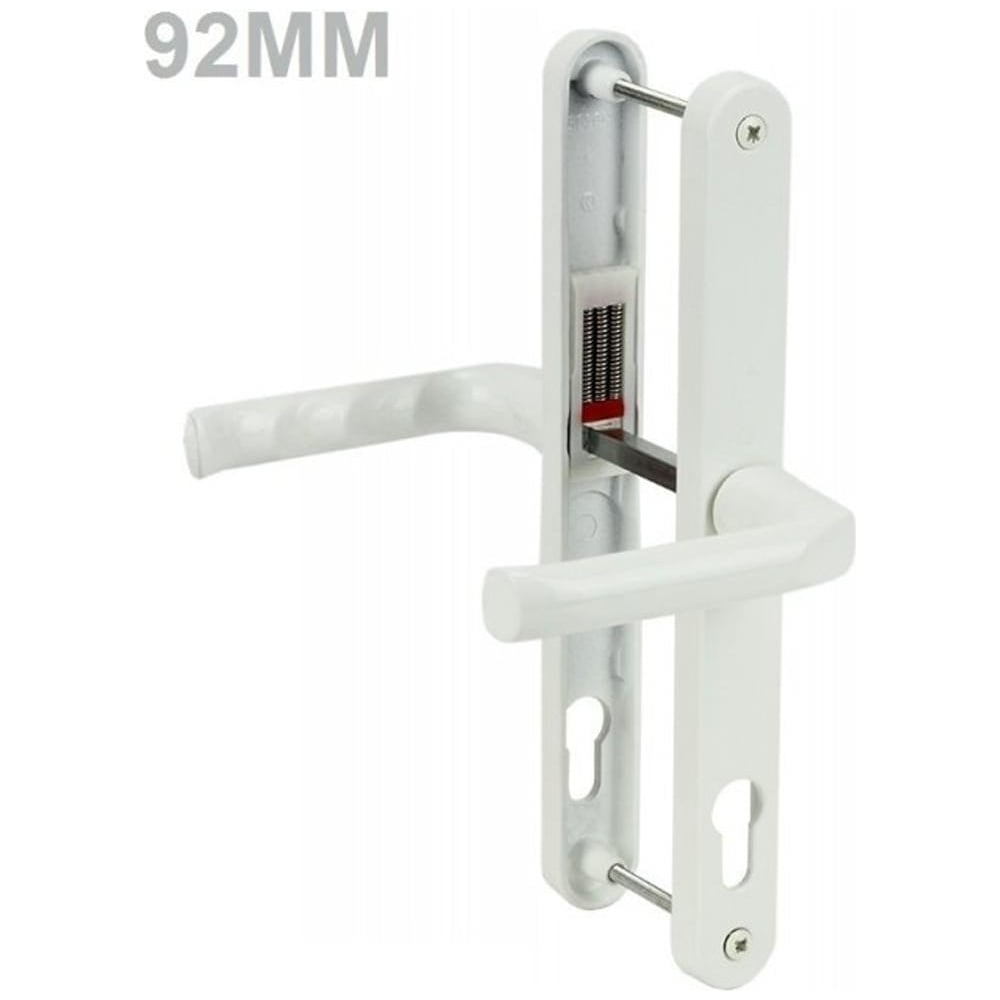 White UPVC door handles Lever with 92mm backset, featuring straight lever handles and keyholes on both backplates.