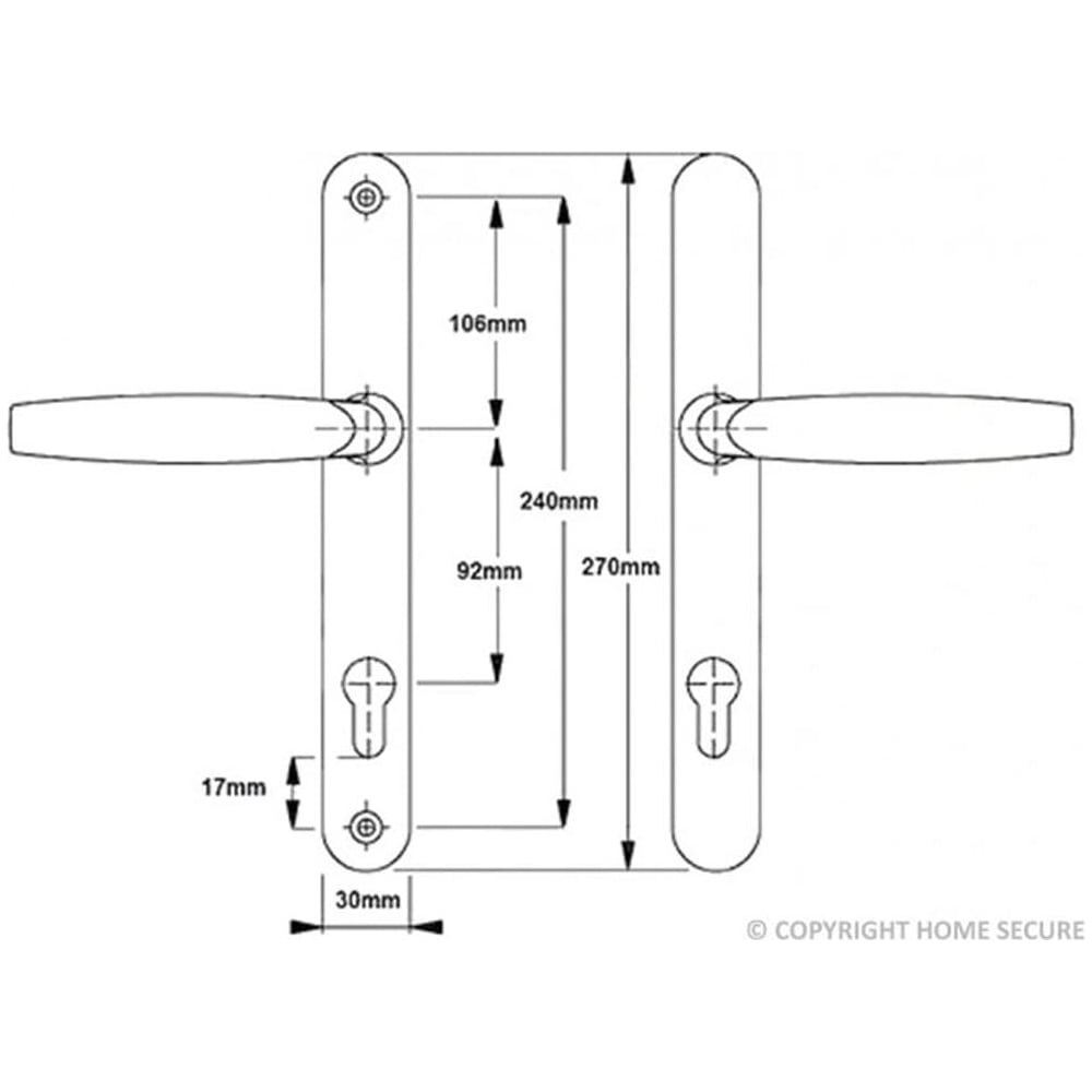 Technical drawing of UPVC door handles Lever Lever, showing front and back views with measurements in millimeters for handle length, backplate size, and 92mm keyhole distance.