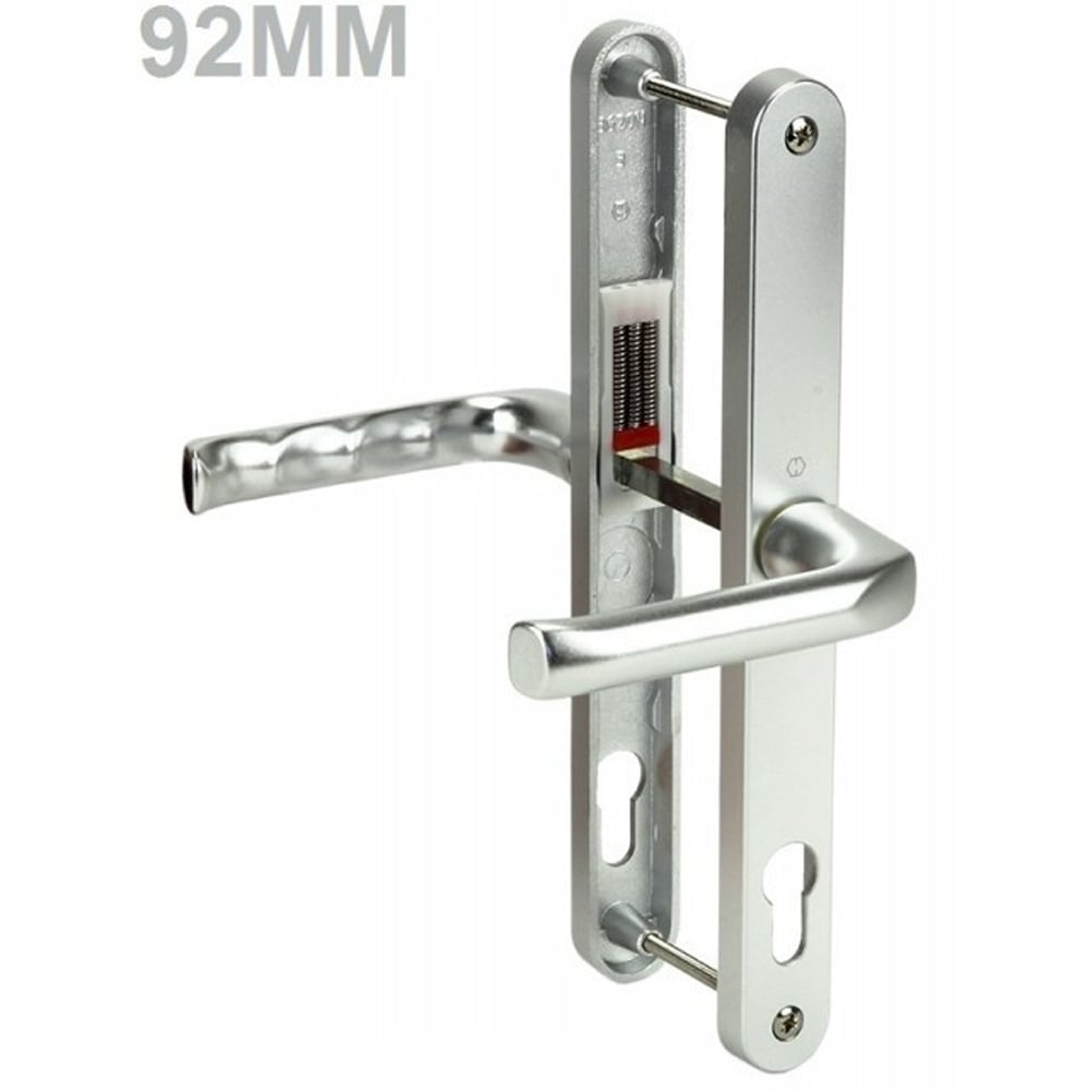 A silver UPVC door handle with lever mechanism, showing the handle and the lock mechanism, with the measurement '92MM' indicated on the image.