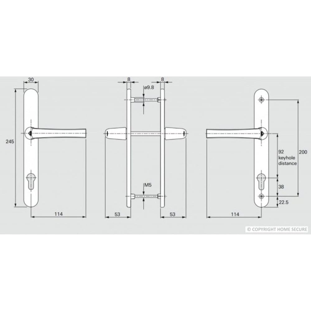 Technical drawing of UPVC door handles Lever Lever D74, showing dimensions in millimeters including handle length, backplate size, screw positions, and 92mm keyhole distance.