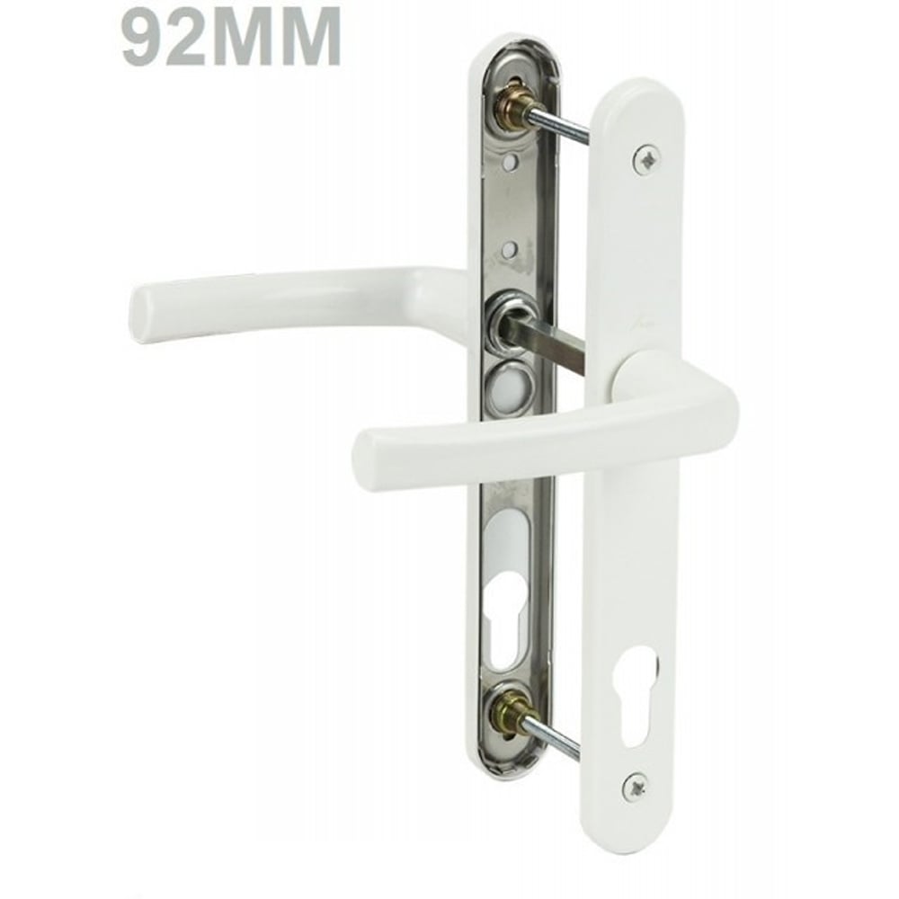 White UPVC door handles Lever Lever D73 with 92mm backset, featuring straight lever handles and keyholes on both backplates.