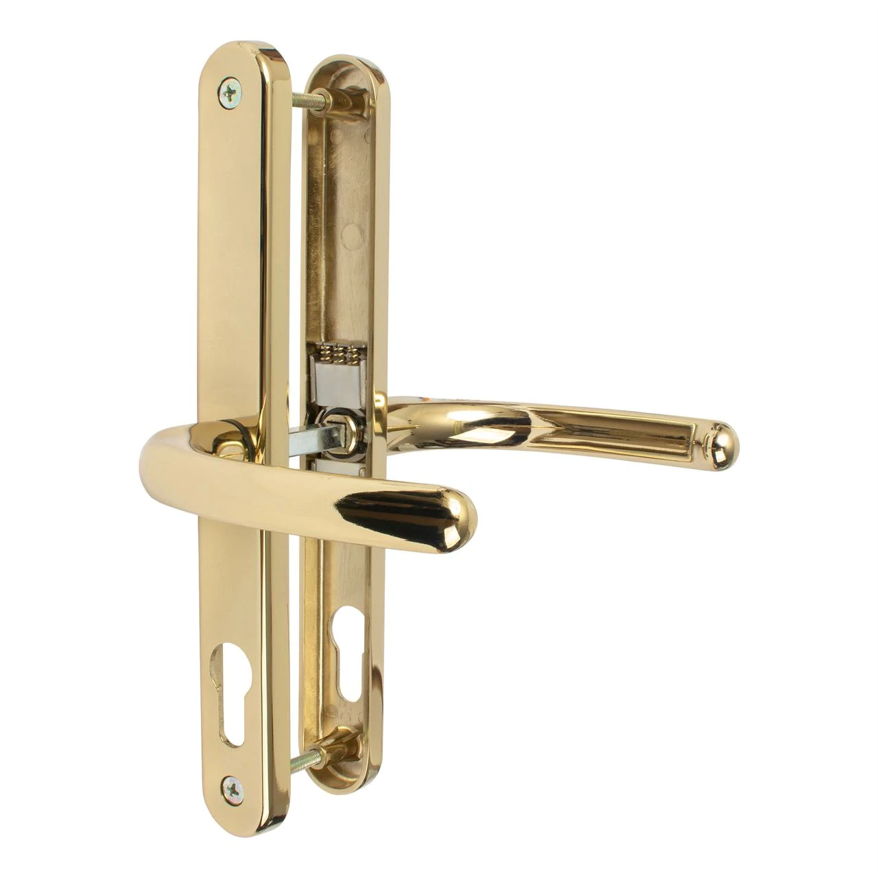 A set of polished gold UPVC door handles with levers on a clear background.