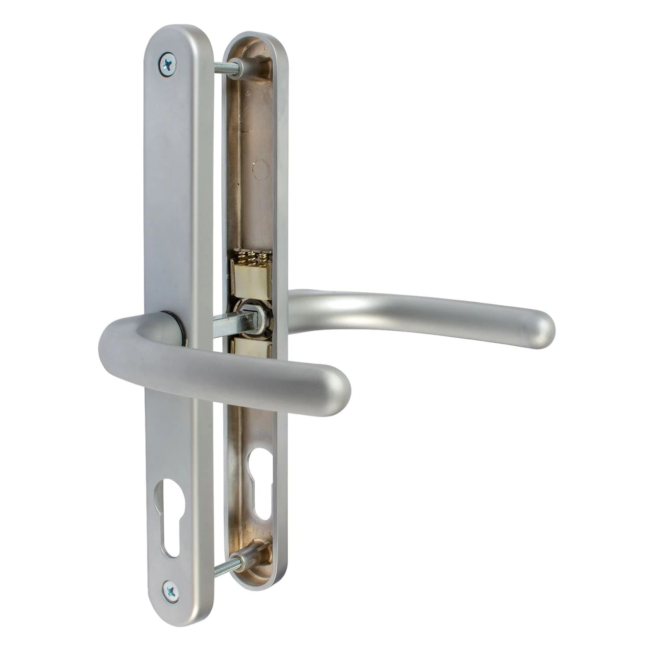 A silver lever lever door handle with a die cast zinc construction.