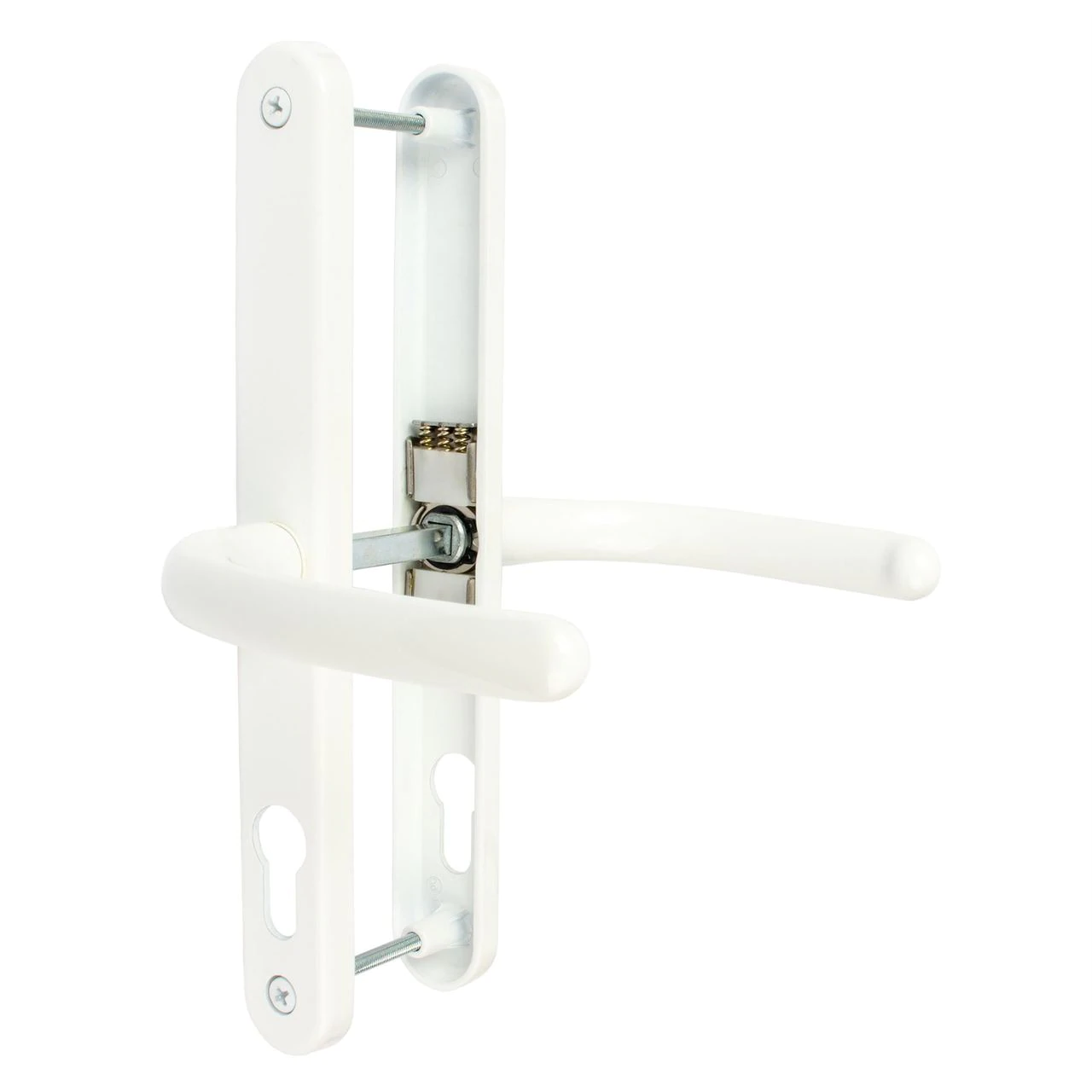 A white UPVC door handle set with a lever design, including one internal and one external handle, with visible screws and spindle.
