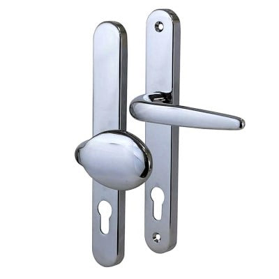 The image shows a set of uPVC door handles with a lock cover—commonly used for entrance or security doors.