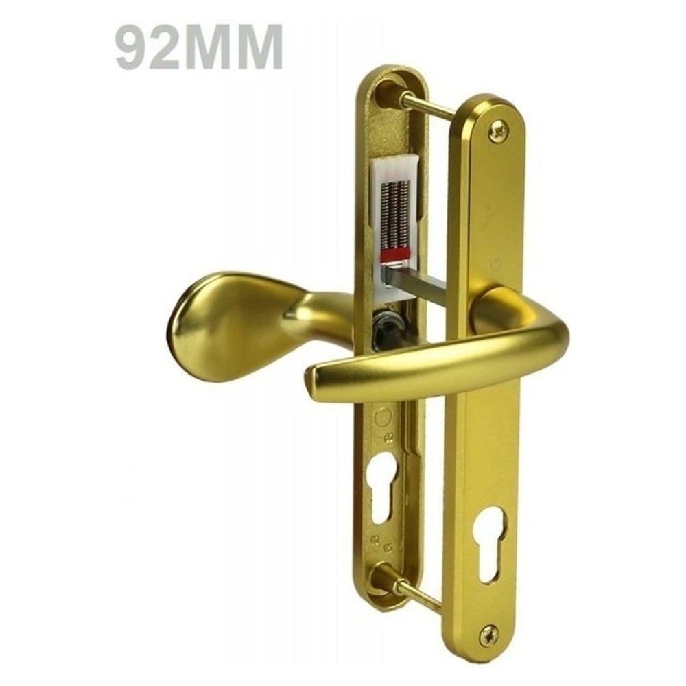 A gold-colored UPVC door handle with a lever pad, showing both the internal and external handleset with a measurement label of '92MM'.