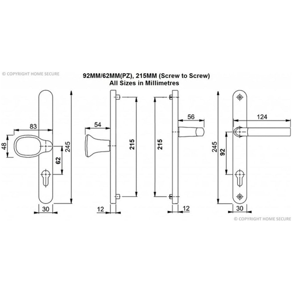 Technical drawing of UPVC door handles lever pad showing front and side views with dimensions in millimeters, including handle length, plate height, and screw-to-screw measurement