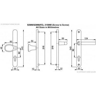 Technical drawing of UPVC door handles lever pad showing front and side views with dimensions in millimeters, including handle length, plate height, and screw-to-screw measurement