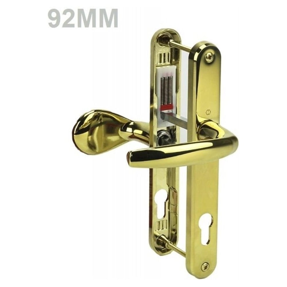 A gold-colored UPVC door handle with a lever pad, showing the keyhole and the measurement marking of 92mm on the door frame.