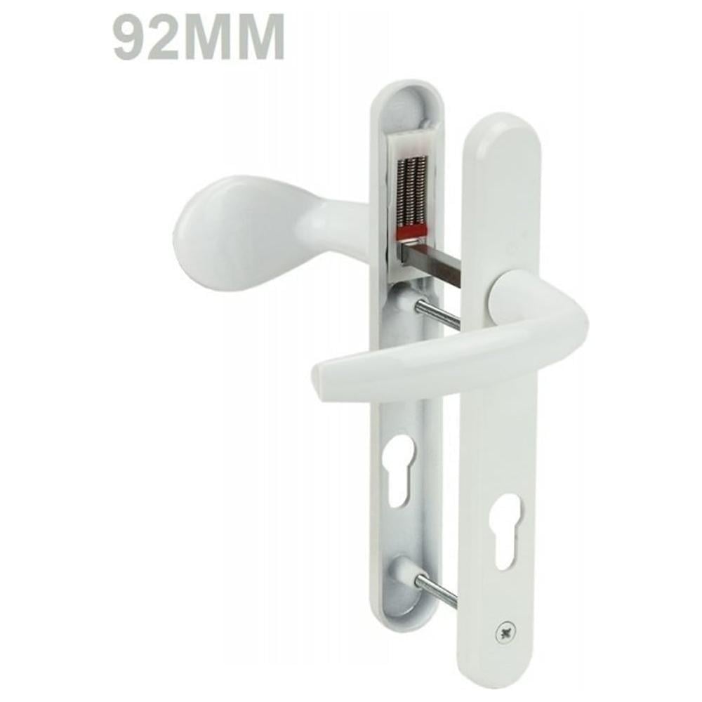 A white UPVC door handle with a lever pad, showing dimensions of 92mm.