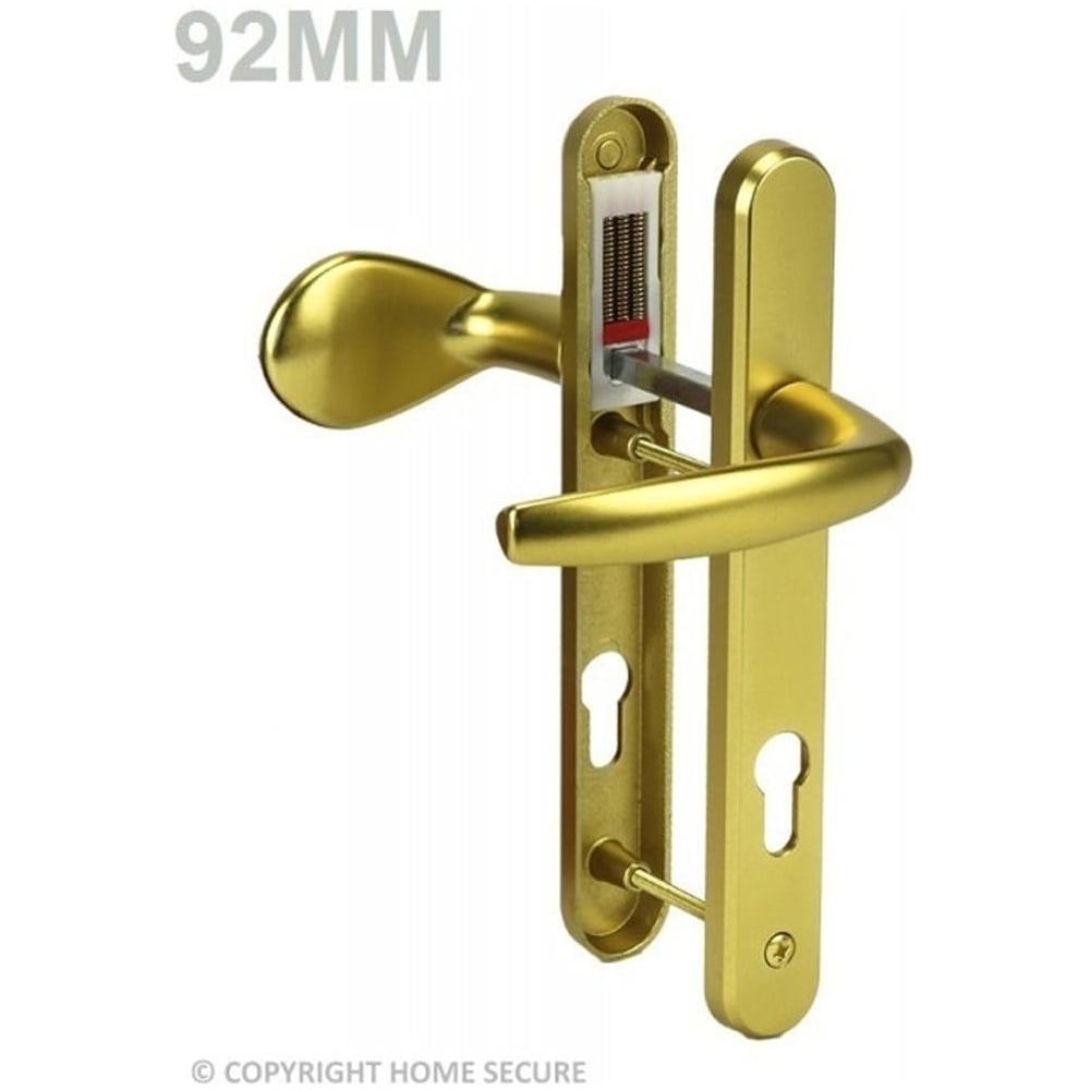A gold-colored UPVC door handle with lever pad, showing both internal and external handles, against a white background.