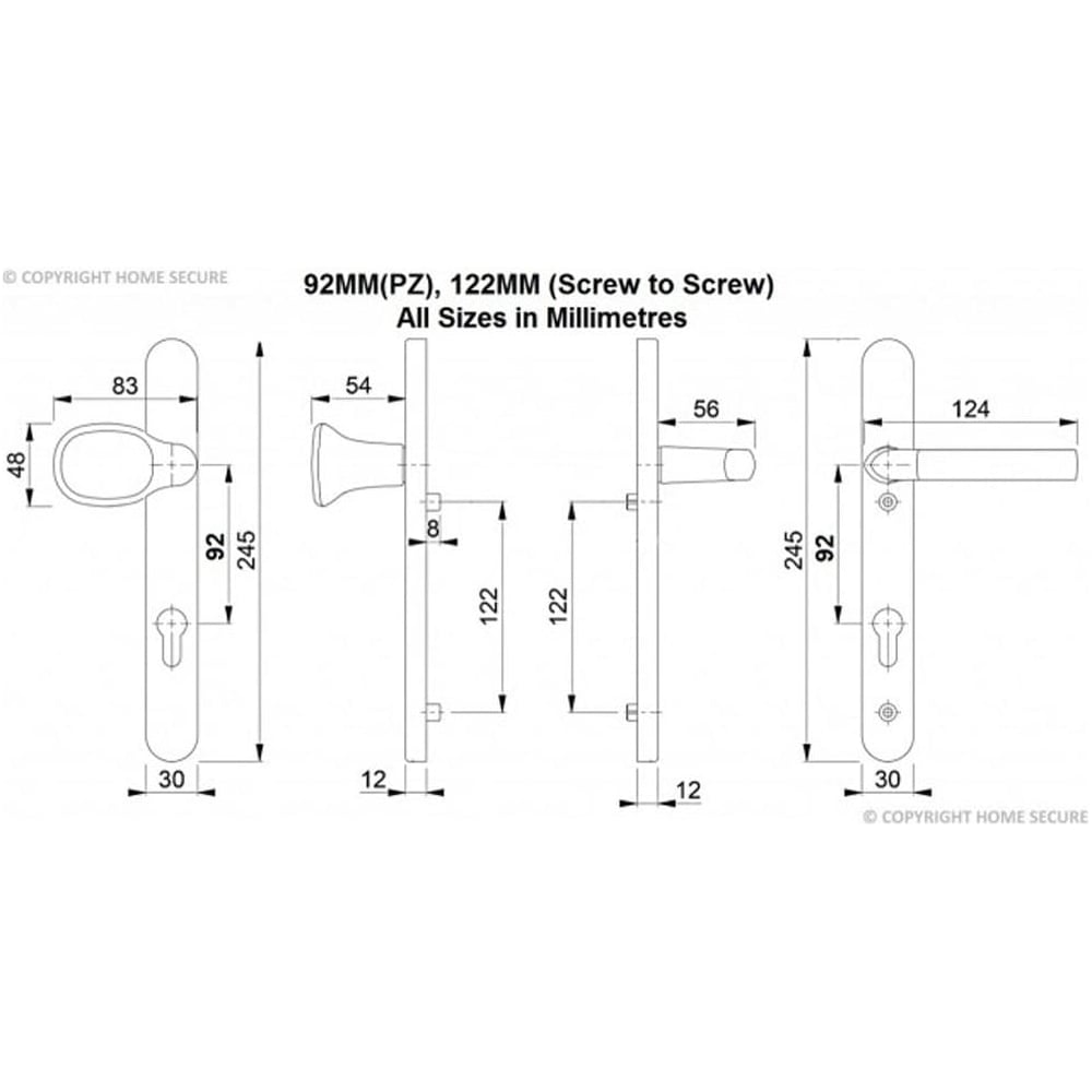 Technical drawing of UPVC door handles lever pad showing front and side views with dimensions in millimeters, including handle length, plate height, and screw-to-screw measurement
