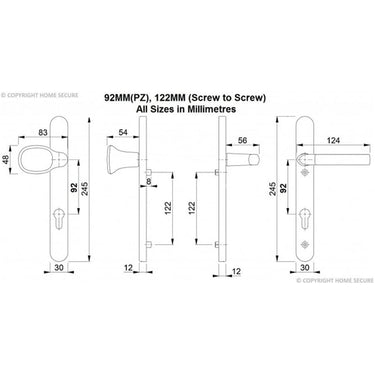 Technical drawing of UPVC door handles lever pad showing front and side views with dimensions in millimeters, including handle length, plate height, and screw-to-screw measurement