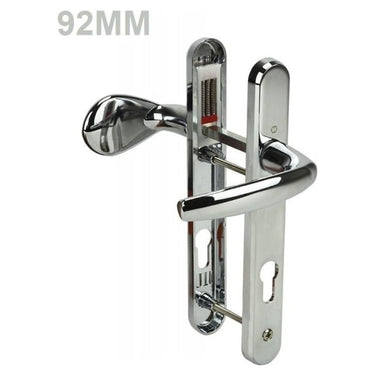A silver-colored UPVC door handle with a lever pad, showing dimensions and a shiny metallic finish.