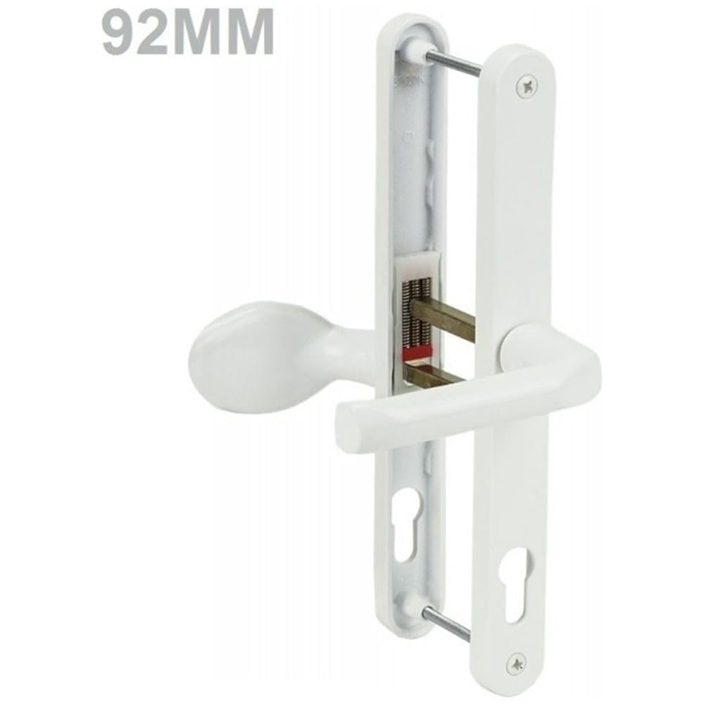 A white UPVC door handle with a lever pad, showing the handle's dimensions and the brand's logo.