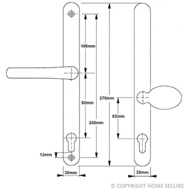 Technical drawing of a uPVC door handle with dimensions in millimeters showing front and side views, including height, width, and keyhole placement.