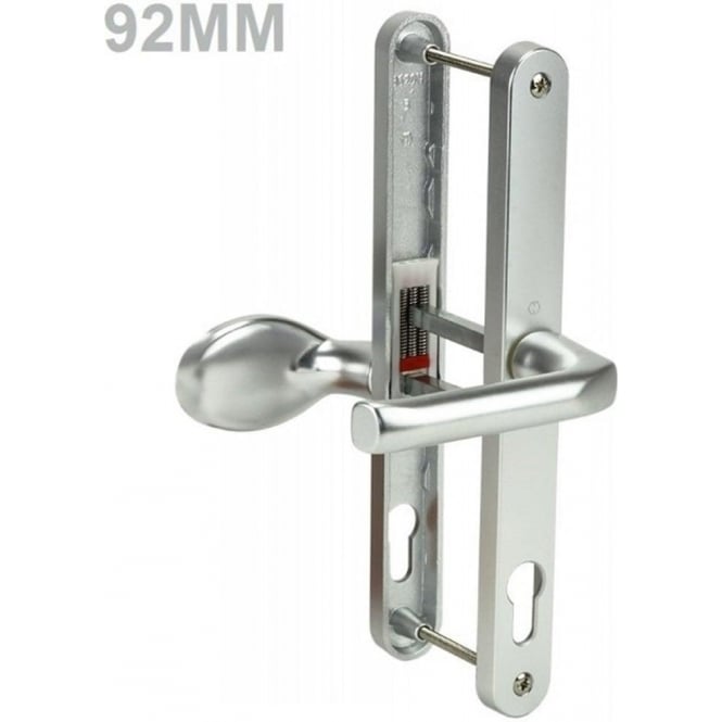 UPVC door handle with lever pad in silver color, showing both the lever and the mounting frame.
